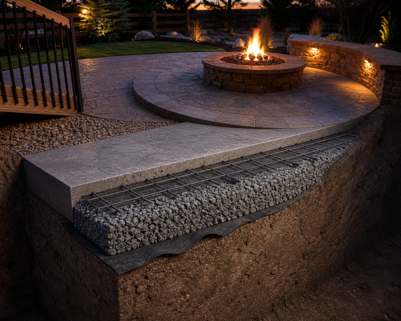 Architectural cutaway of a fire-pit patio showing a reinforced concrete slab, compacted aggregate base, geotextile separator, and native soil.