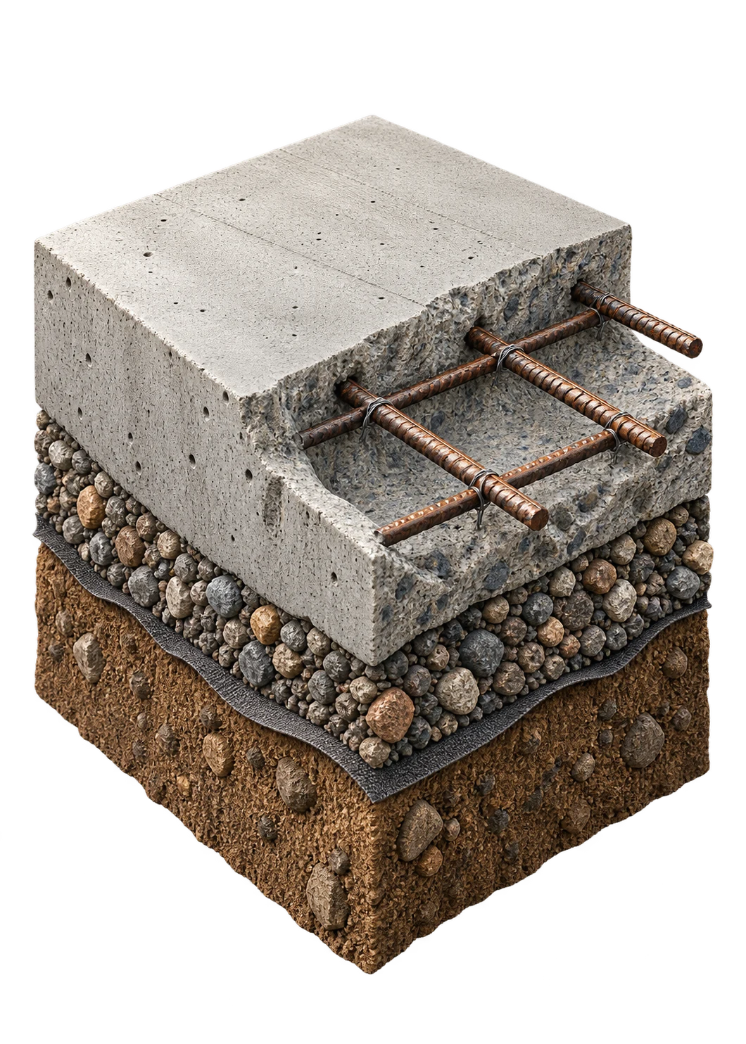 Compact architectural cutaway of the published Solid slab, rebar, compacted base, geotextile, and native soil assembly.