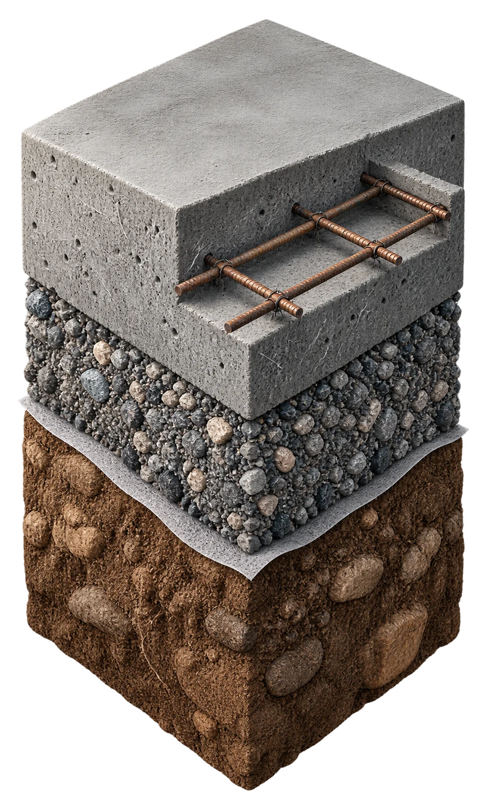 Compact architectural cutaway of the deeper published Stronghold slab, rebar, compacted base, geotextile, and native soil assembly.